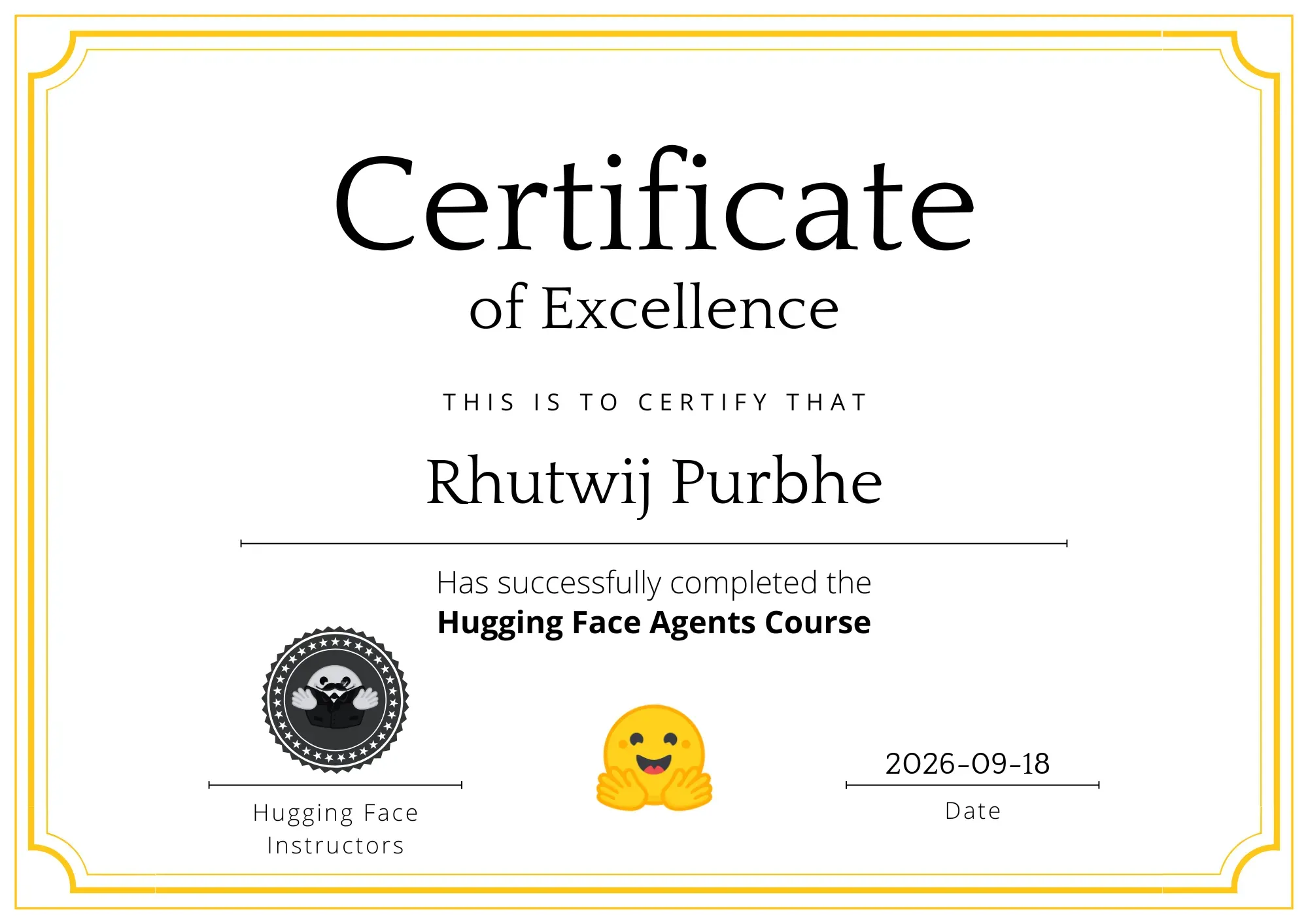 Hugging Face Agents Course Certificate of Excellence